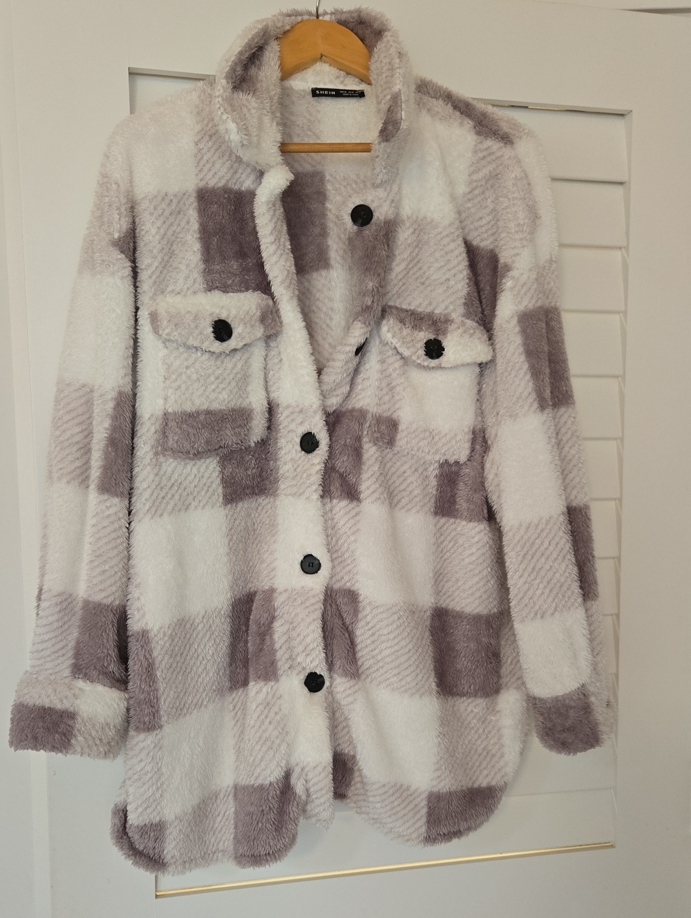 SHEIN Plush Plaid Teddy Jacket - White & Light Mauve